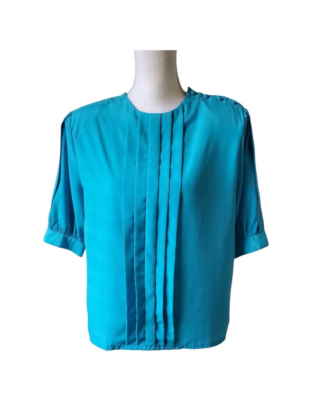 Vintage Worthington Aqua Pleated Blouse Short Sleeve Button Shoulder Top Size 12